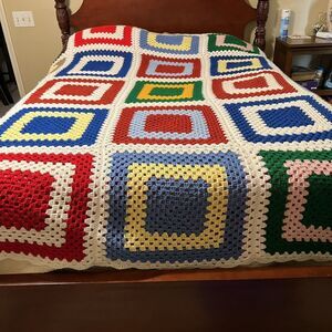 Vtg Large Granny Square Crochet Afghan White Trim Full Queen 86" x 88" Handmade